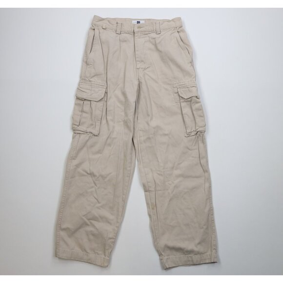 Vintage Y2K 2001 Gap Mens 30x30 Distressed Canvas Wide Leg Cargo Pants Stone
